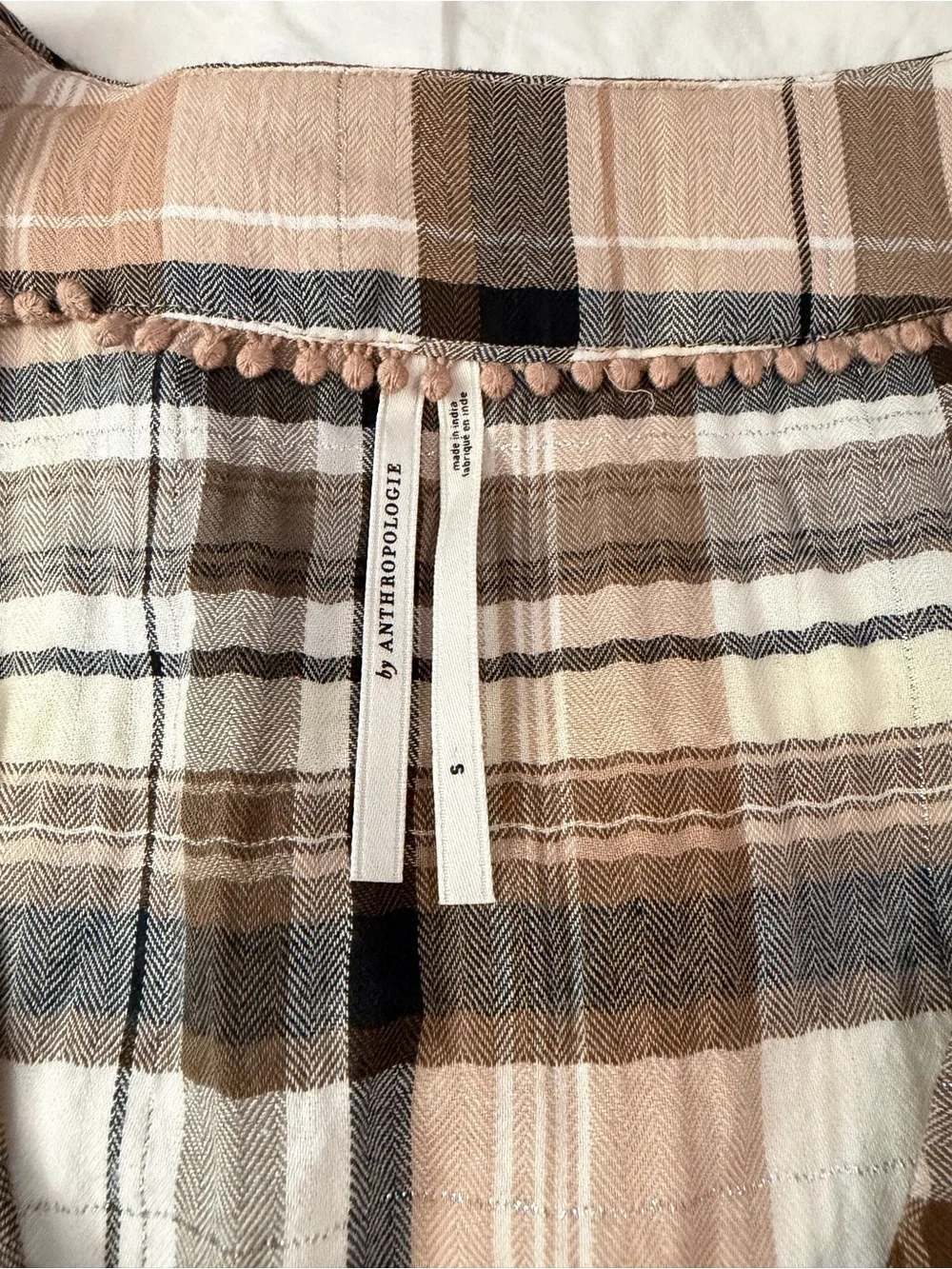ANTHROPOLOGIE Long-Sleeve Lace-up Dolman Blouse Neutral Pattern Plaid S - Picture 7 of 12